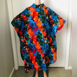 Blue and Orange High-Neck Kaftan Boubou Dress with Abstract Pattern